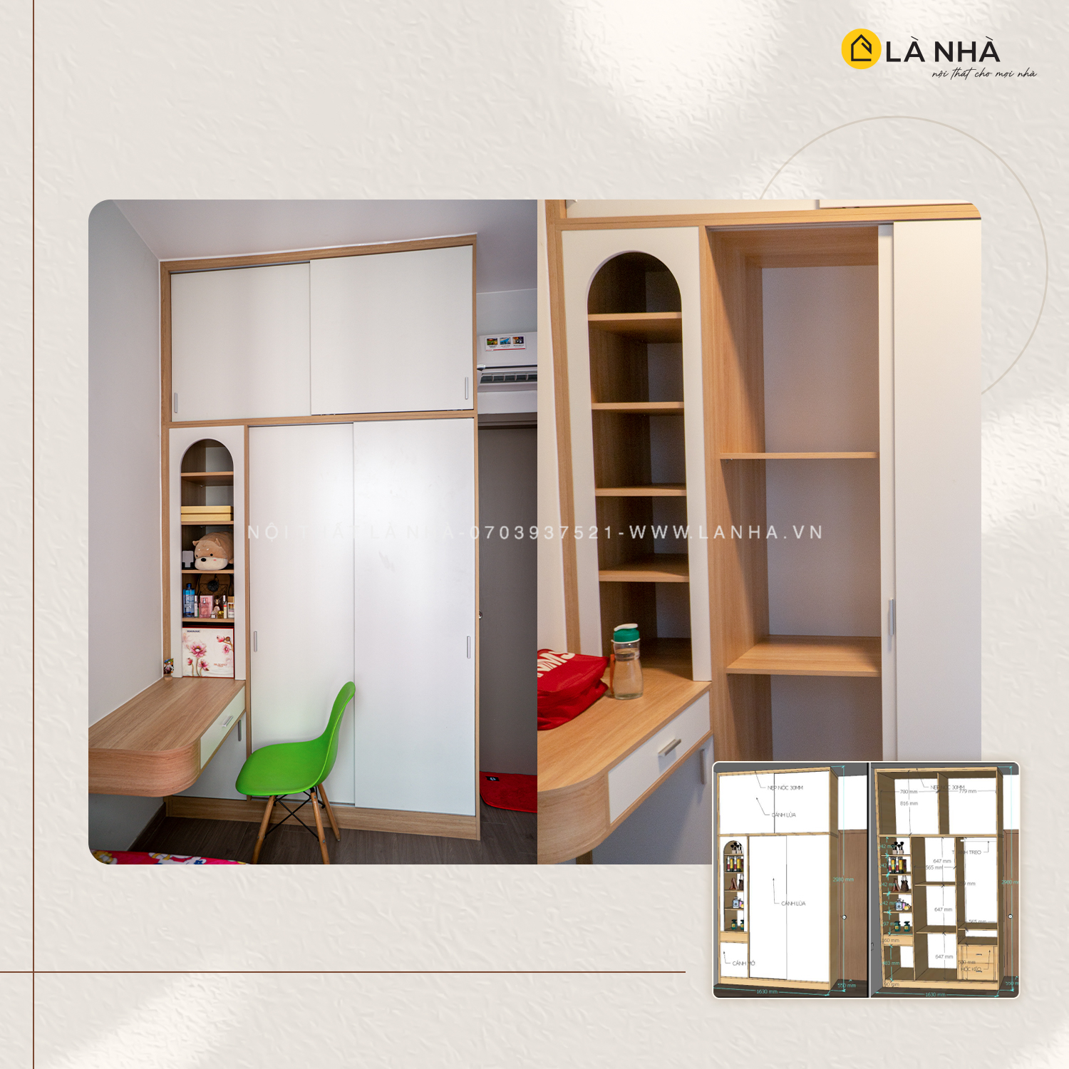 Tủ quần áo cánh lùa kết hợp tủ trang trí và bàn làm việc tối ưu diện tích phòng ngủ