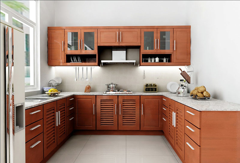 Tủ bếp nhôm kính vân gỗ hiện đại