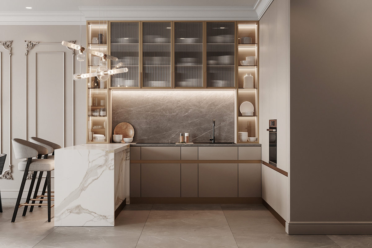 Mẫu tủ bếp phong cách tân cổ điển sang trọng
