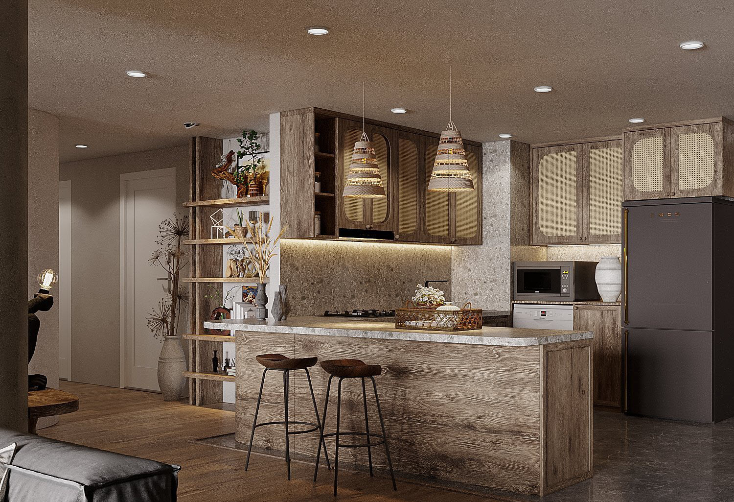 Mẫu tủ bếp phong cách Wabi sabi mộc mạc, gần gũi