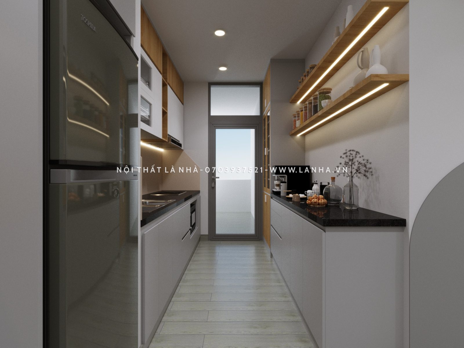 Mẫu tủ bếp song song sang trọng hiện đại cho căn bếp chung cư Diamond Riverside 70m2
