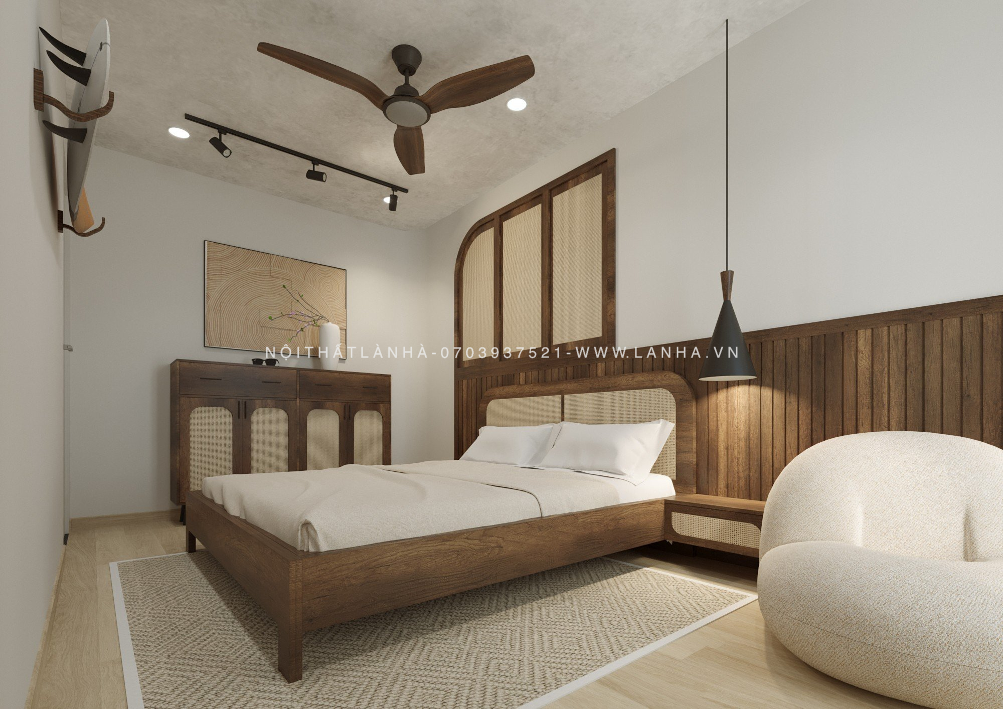 Thi công nội thất chung cư phòng ngủ màu gỗ đậm nổi bật kết hợp cùng các chi tiết đan lát tre nứa
