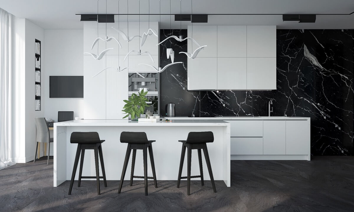 Phòng bếp sử dụng gam màu đen - trắng tương phản giúp không gian nổi bật hơn