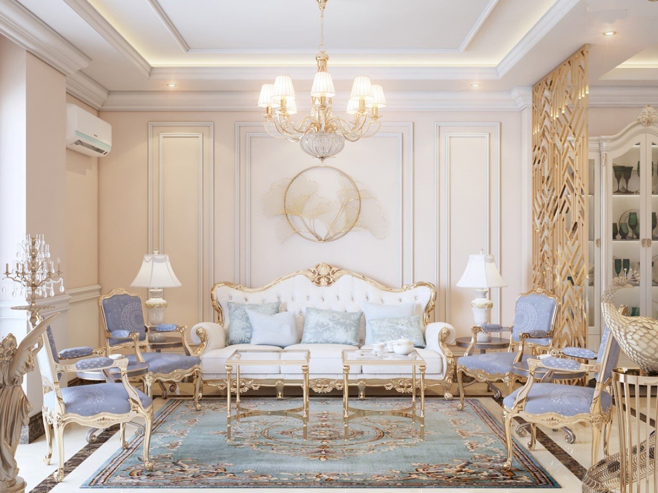 Đèn chùm, thảm trải sàn, vách ngăn phổ biến trong phong cách phòng khách tân cổ điển 