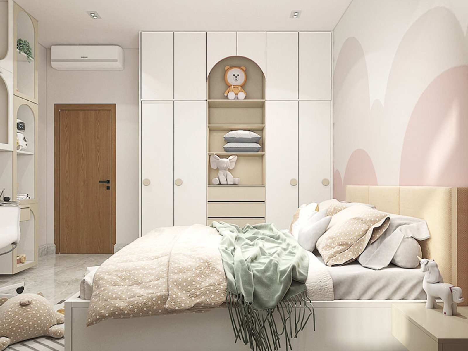 Phòng ngủ bé gái màu hồng nhạt hiện đại, tiện nghi