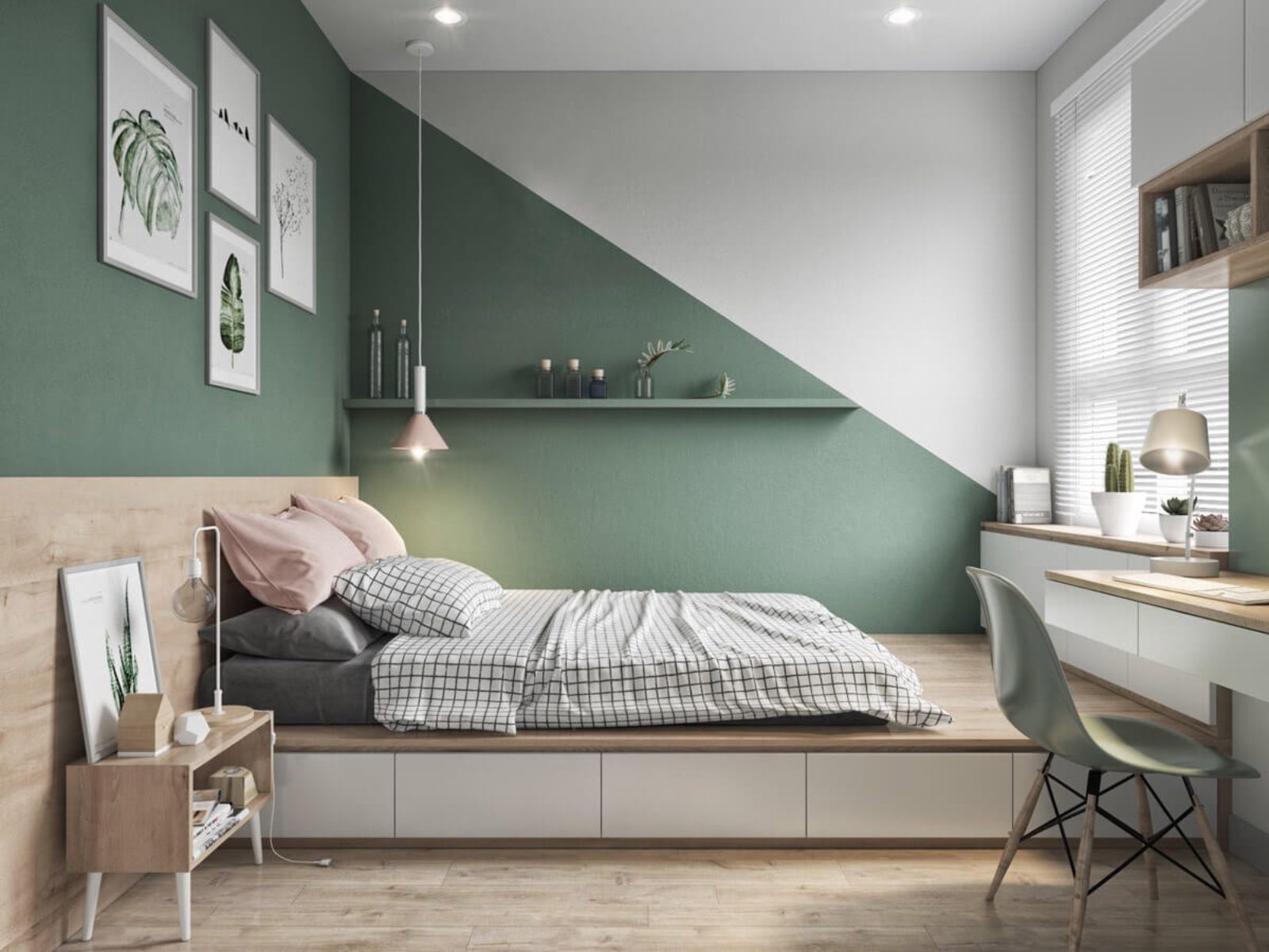 Phòng ngủ màu xanh lá kết hợp trang trí cây xanh tràn đầy sức sống