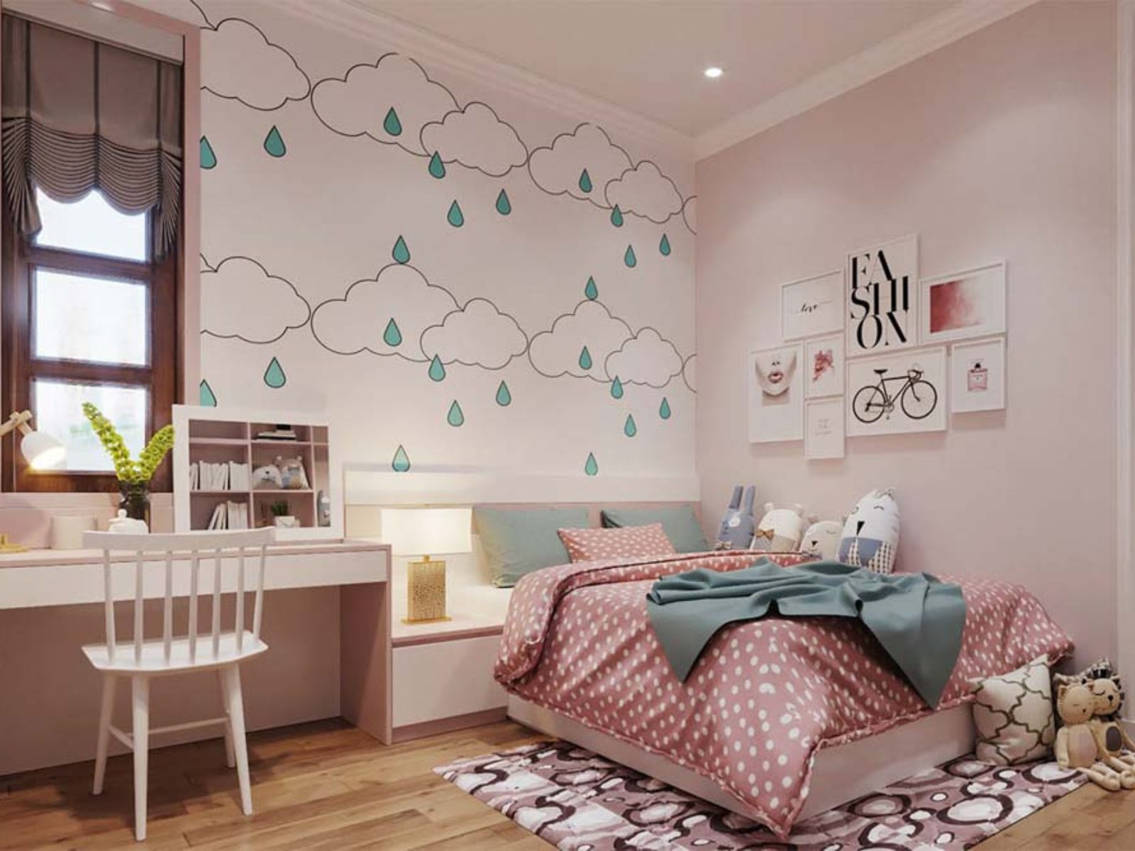 Phòng ngủ cho bé gái 6 tuổi với giấy dán tường, tranh và gấu bông