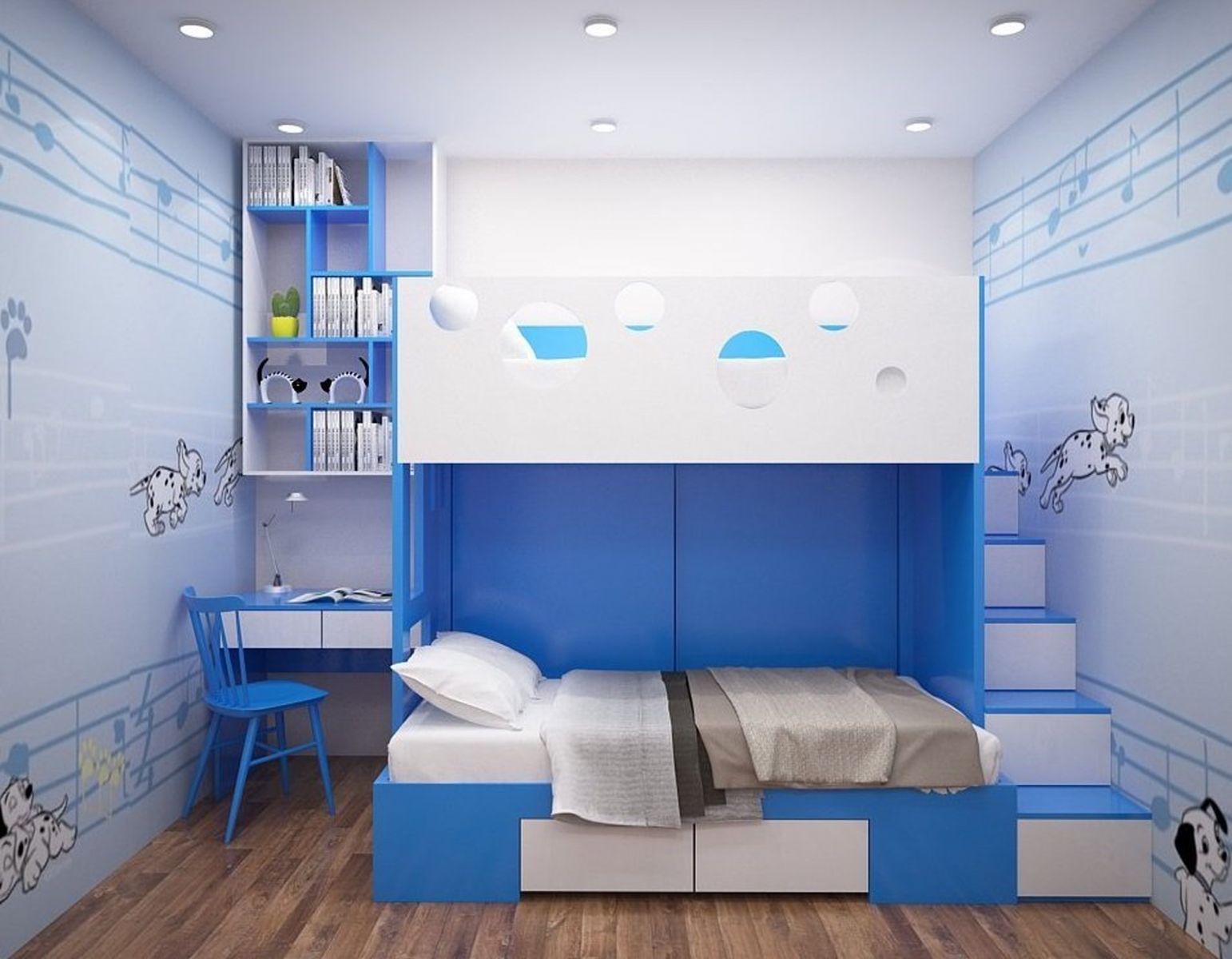 Phòng ngủ bé trai với sự kết hợp của màu trắng và xanh dương rất ấn tượng