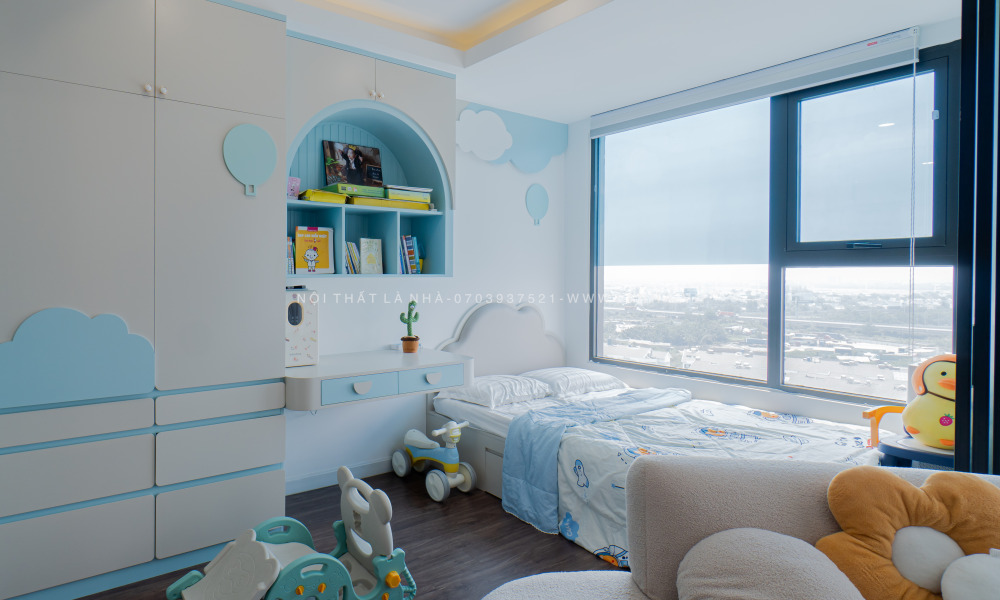 Phòng ngủ màu xanh được Là Nhà thiết kế thi công