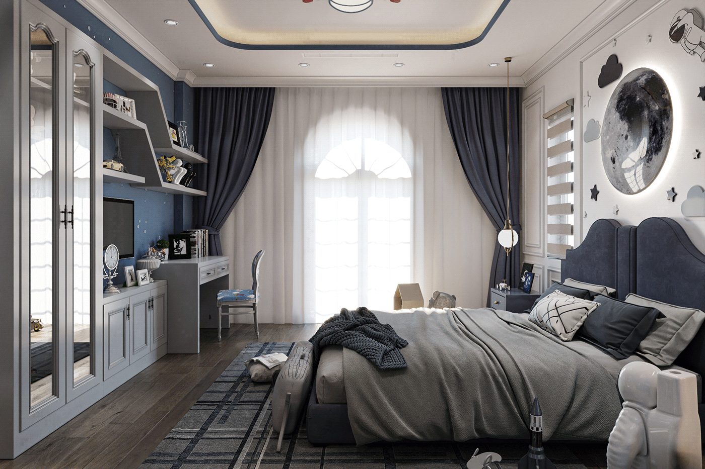 Phòng ngủ bé trai với màu trắng xám cá tính