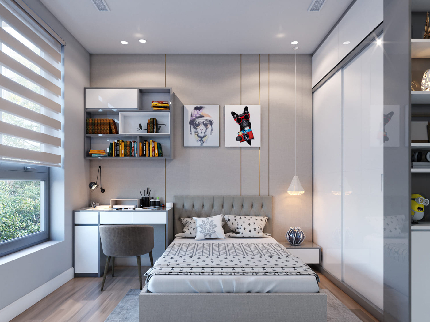 Phòng ngủ nhỏ cho bé trai tối giản, tiện nghi, ánh sáng tốt