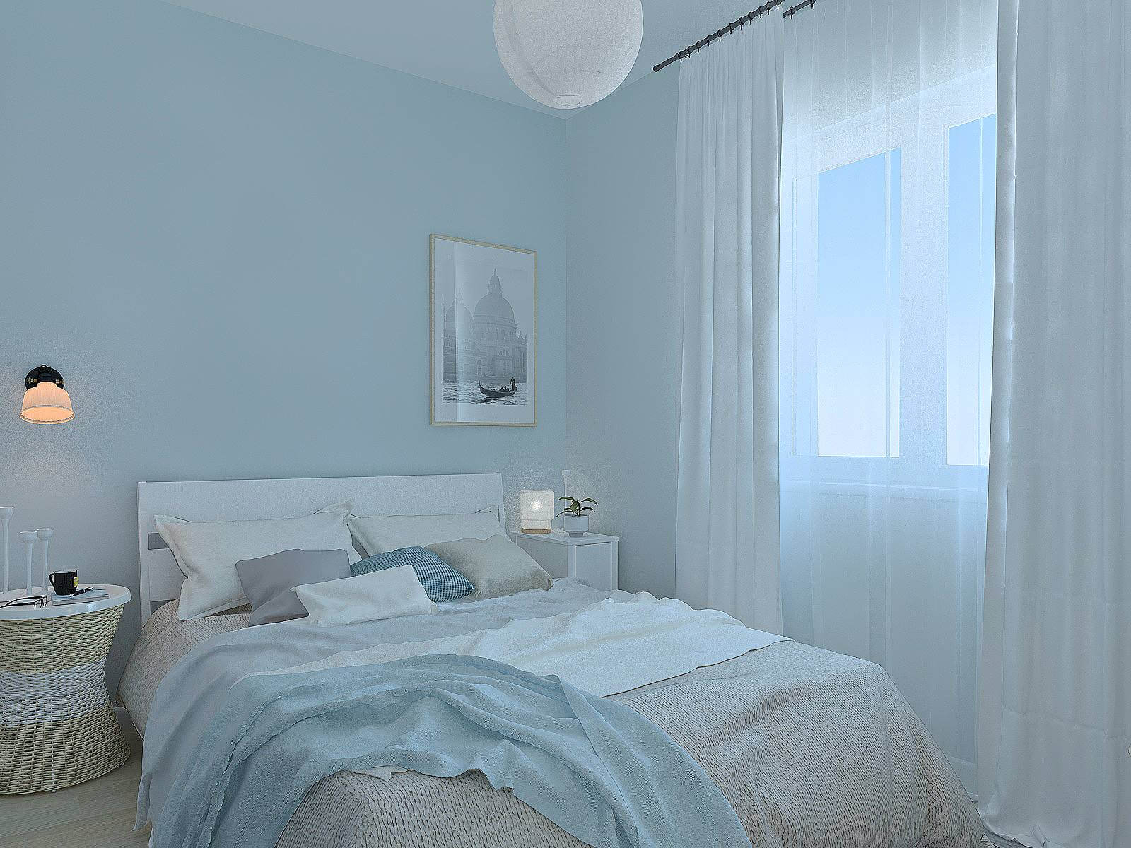 Phòng ngủ màu xanh dương nhạt kết với hợp màu trắng nhẹ nhàng, trang nhã