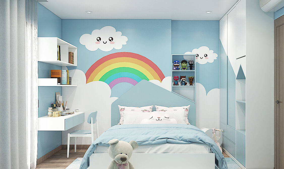 Ý tưởng bố trí nội thất hợp lý trong phòng ngủ đẹp cho nữ màu xanh 