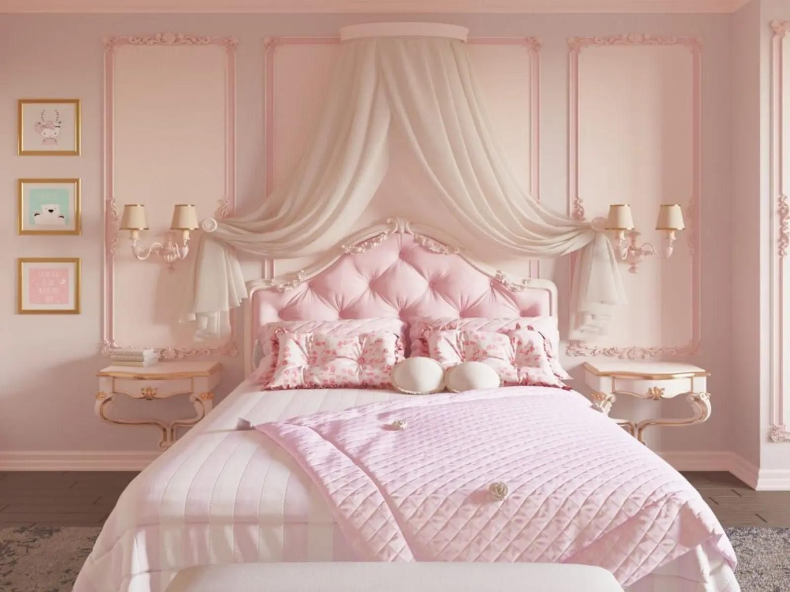 Phòng ngủ công chúa màu hồng pastel cho bé gái