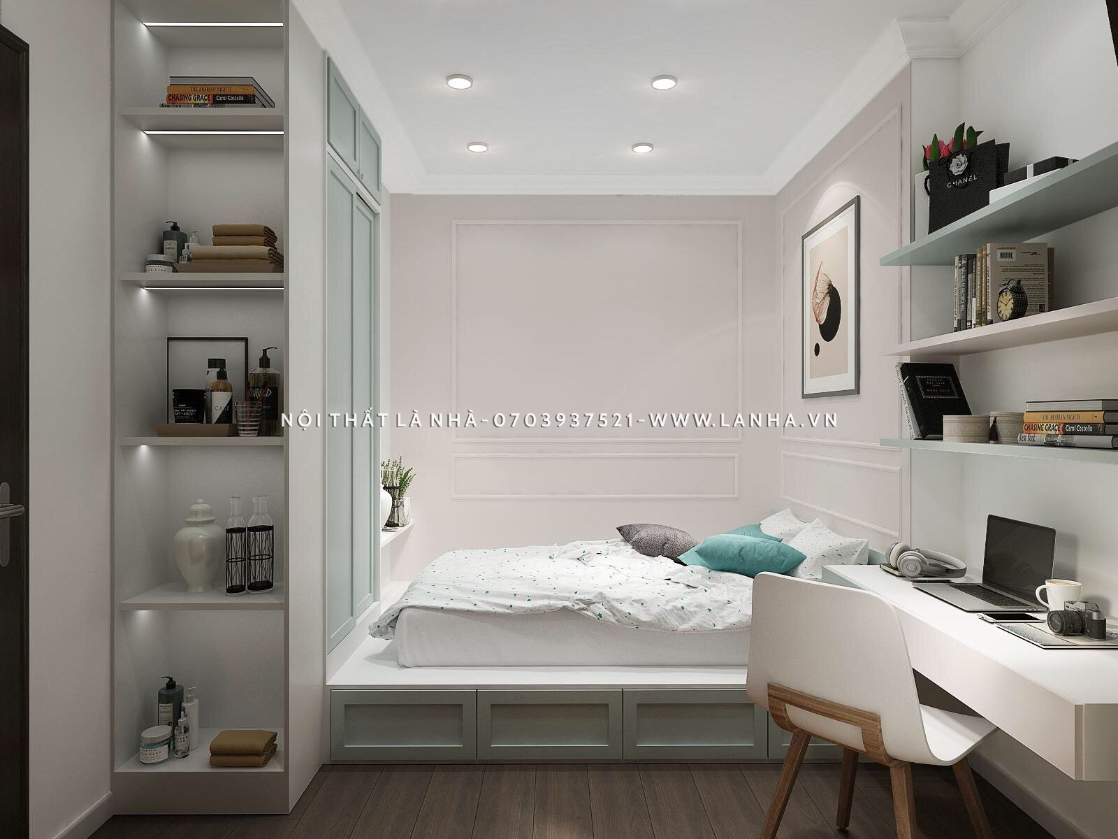 Phòng ngủ nhỏ được bố trí nội thất hợp lý tạo sự rộng rãi, thông thoáng