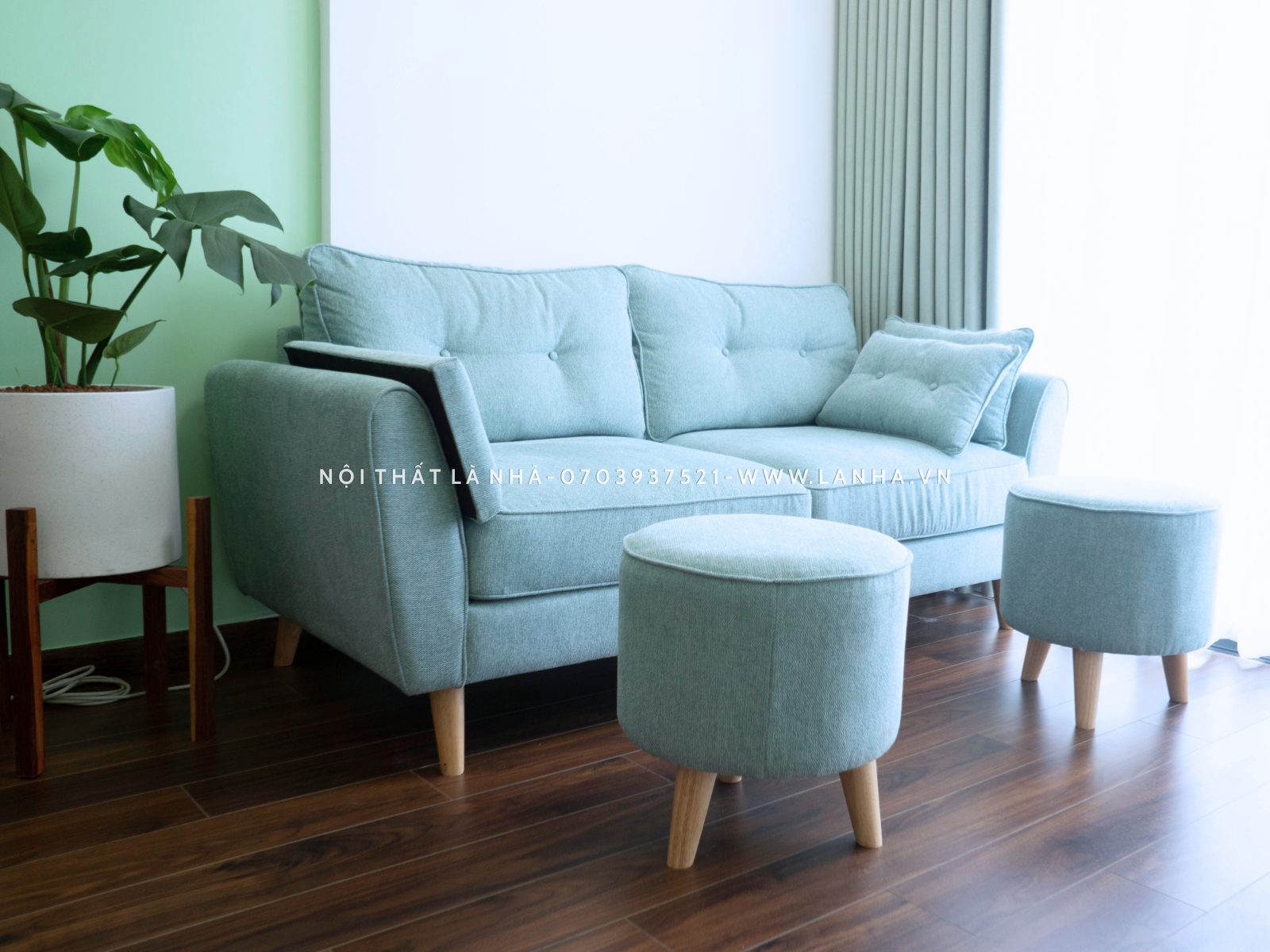 Sofa băng xanh ngọc kết hợp 2 ghế sofa đơn nhỏ gọn