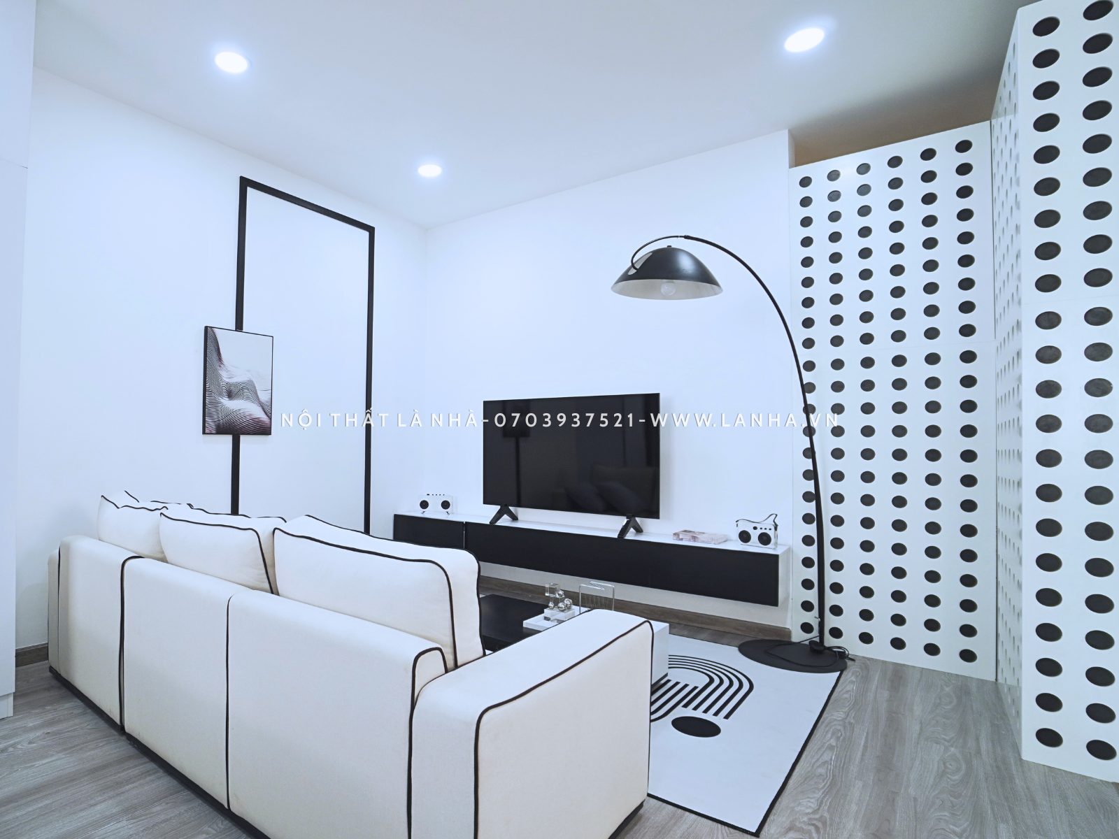 Phòng khách màu trắng kết hợp đen phong cách tối giản