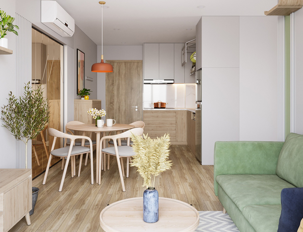 Thiết kế nội thất chung cư mini hiện đại tông màu trắng kết hợp nội thất gỗ 