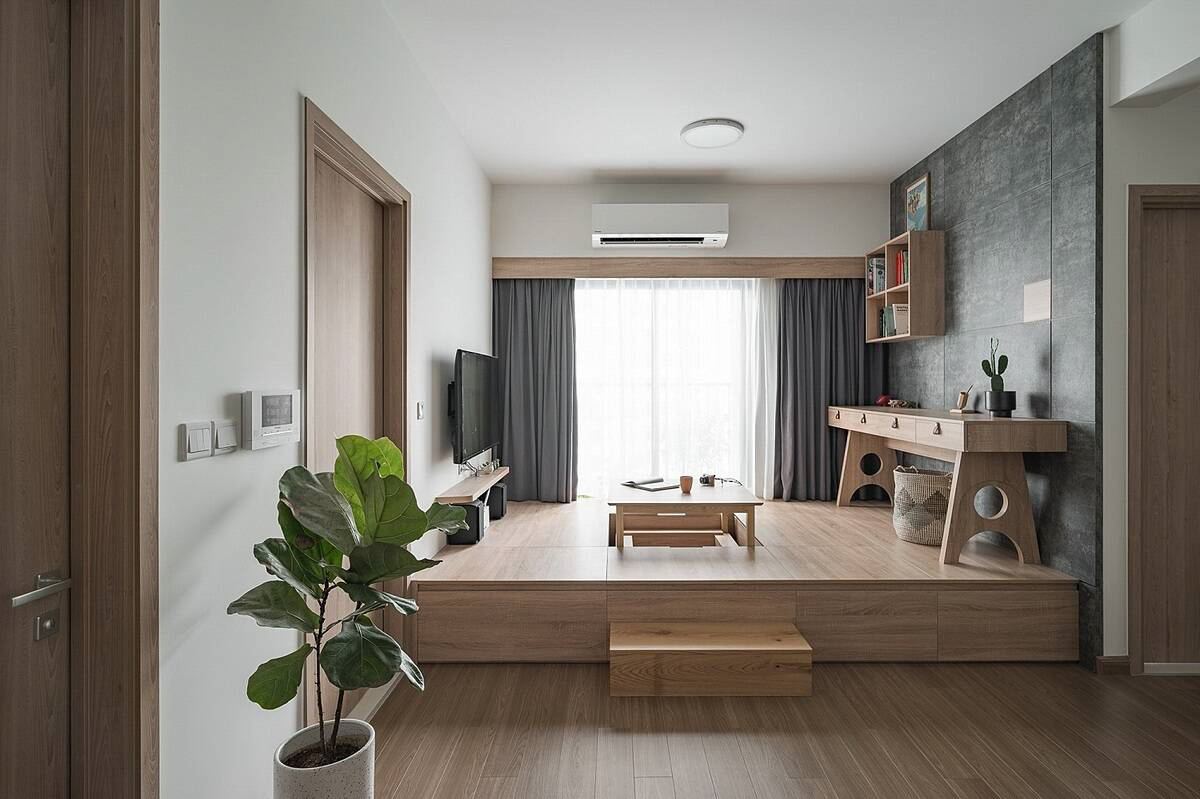 Thiết kế phòng khách căn hộ mini theo phong cách Wabi Sabi với nội thất gỗ 