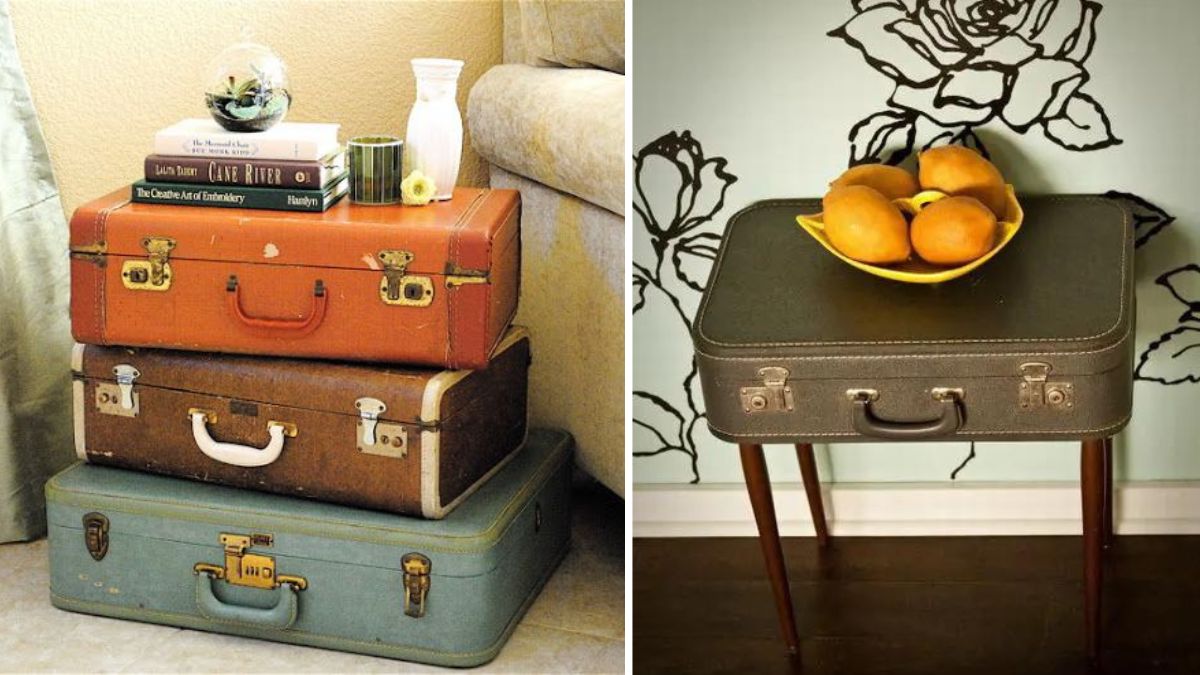 Sử dụng vali cũ làm tủ đầu giường decor phòng ngủ phong cách vintage