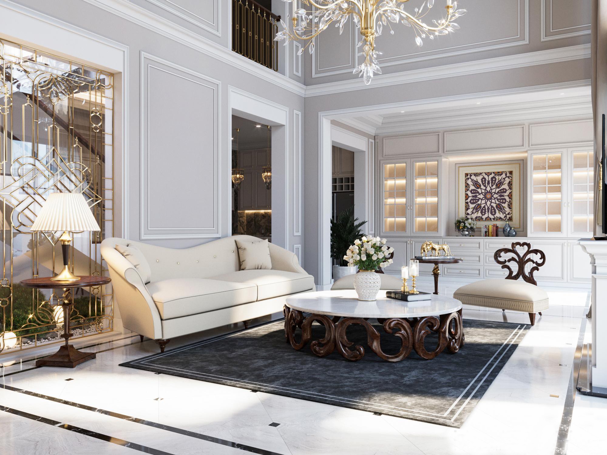Phòng khách phong cách Luxury tone trắng