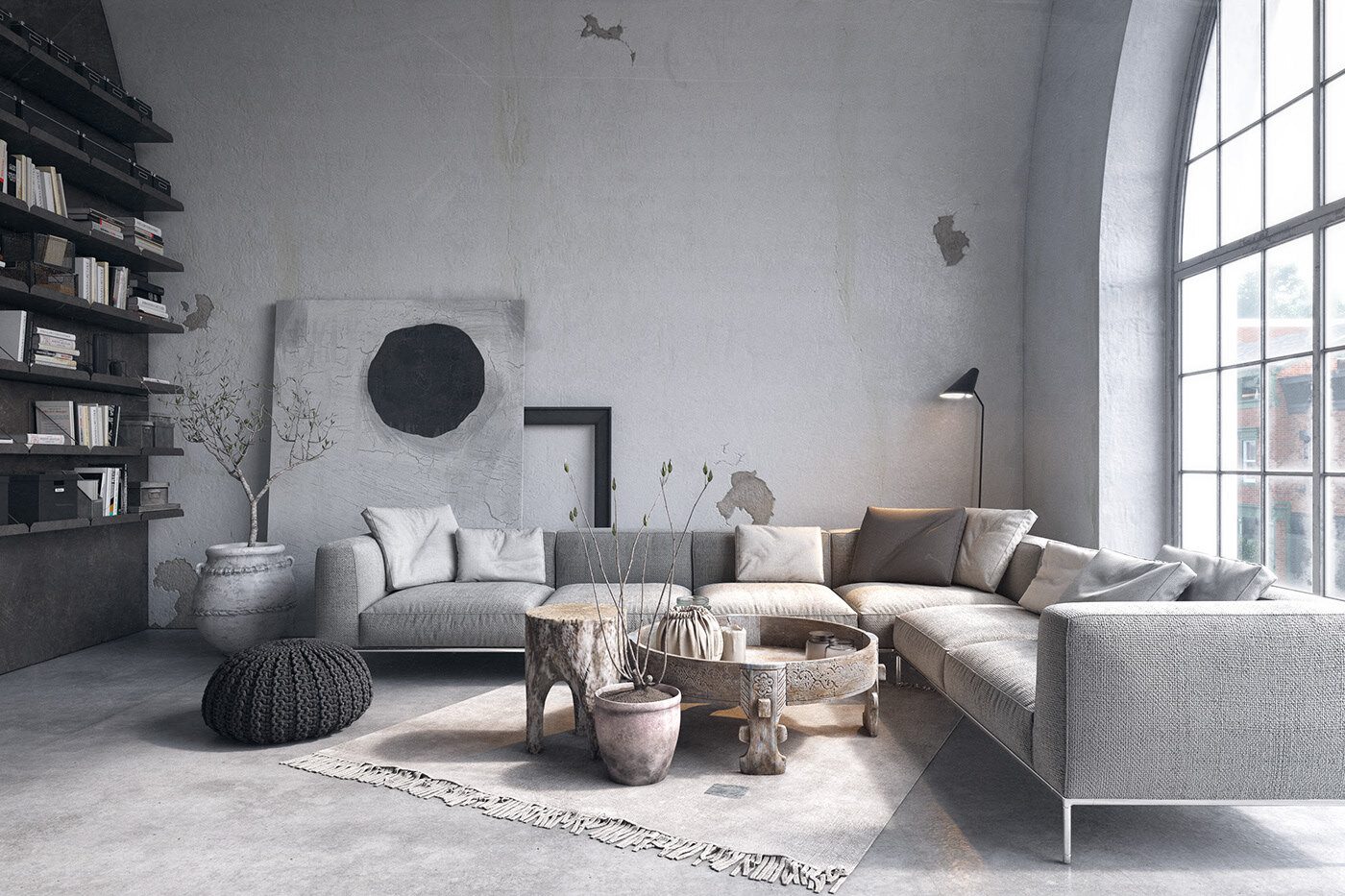 Thiết kế phòng khách Scandinavian màu xám trung tính