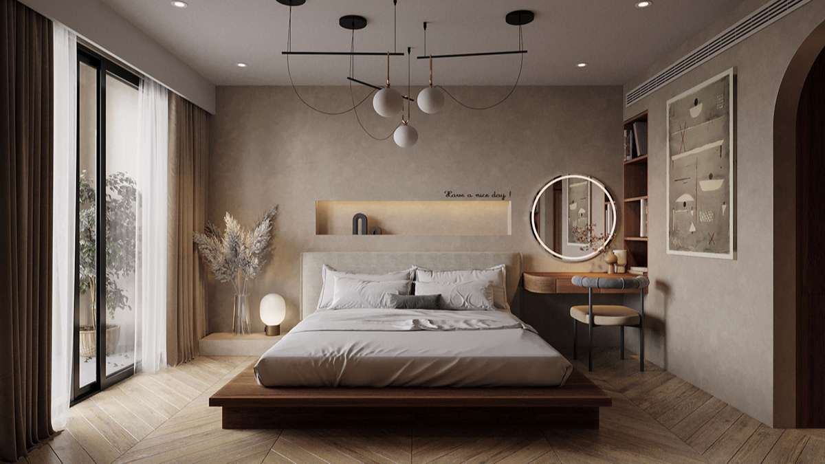 Phòng ngủ phong cách Wabi Sabi đơn giản, tiện nghi 