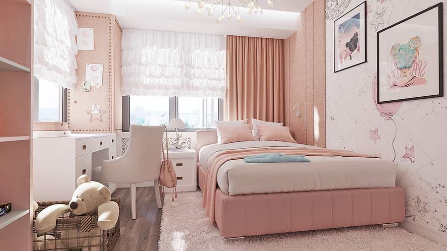 Phòng ngủ gam màu hồng nữ tính cho bé gái này không chỉ là một nơi để nghỉ ngơi mà còn là nơi để bé thể hiện cá tính và sáng tạo