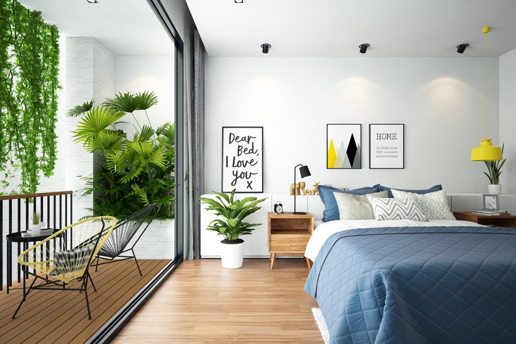 Kết hợp giữa gam màu xanh và các yếu tố thiên nhiên trong thiết kế phòng ngủ master sẽ tạo ra một không gian thư giãn và bình yên