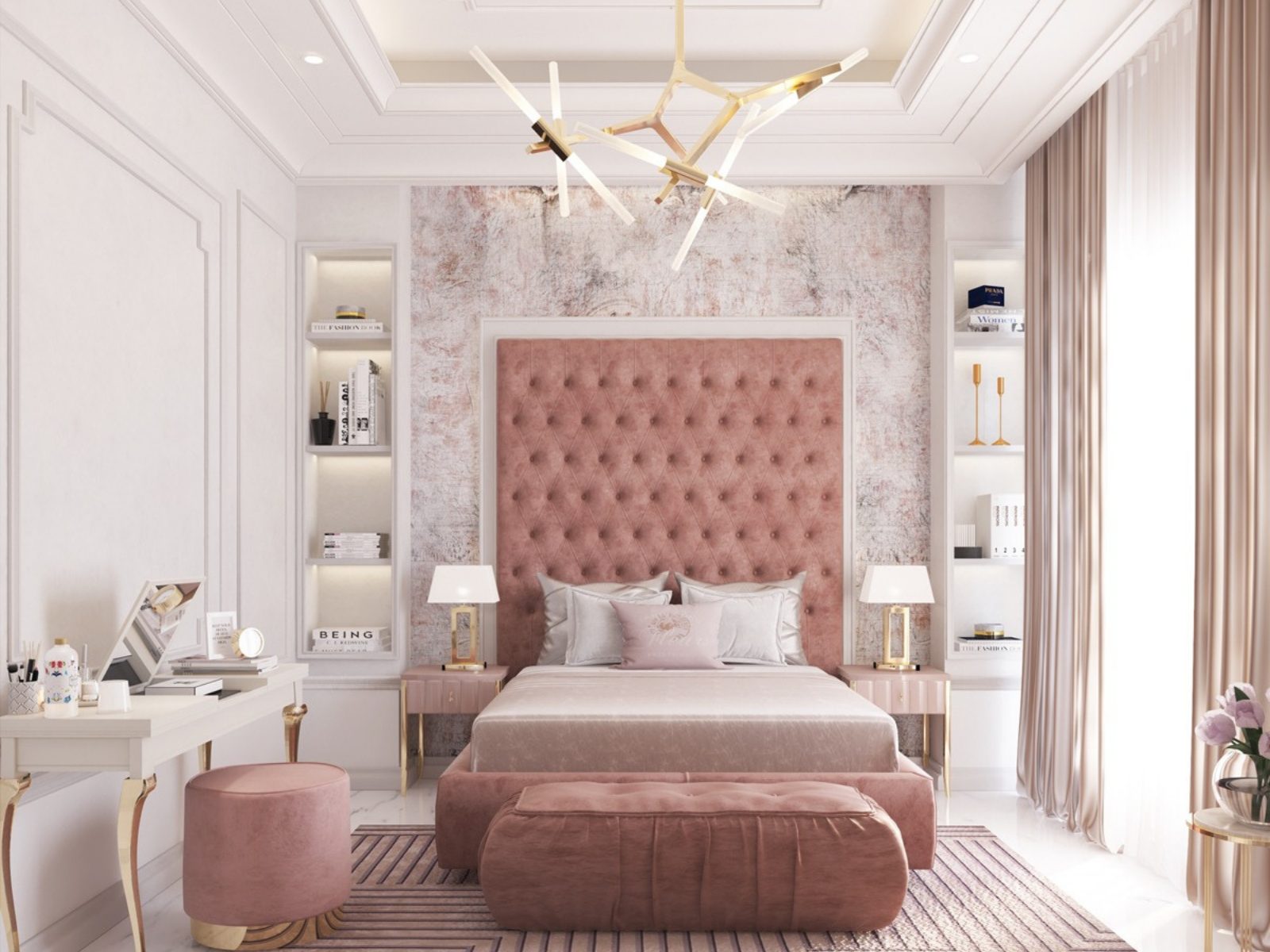 Phòng ngủ màu hồng đất phong cách Tân cổ điển sang trọng, tinh tế