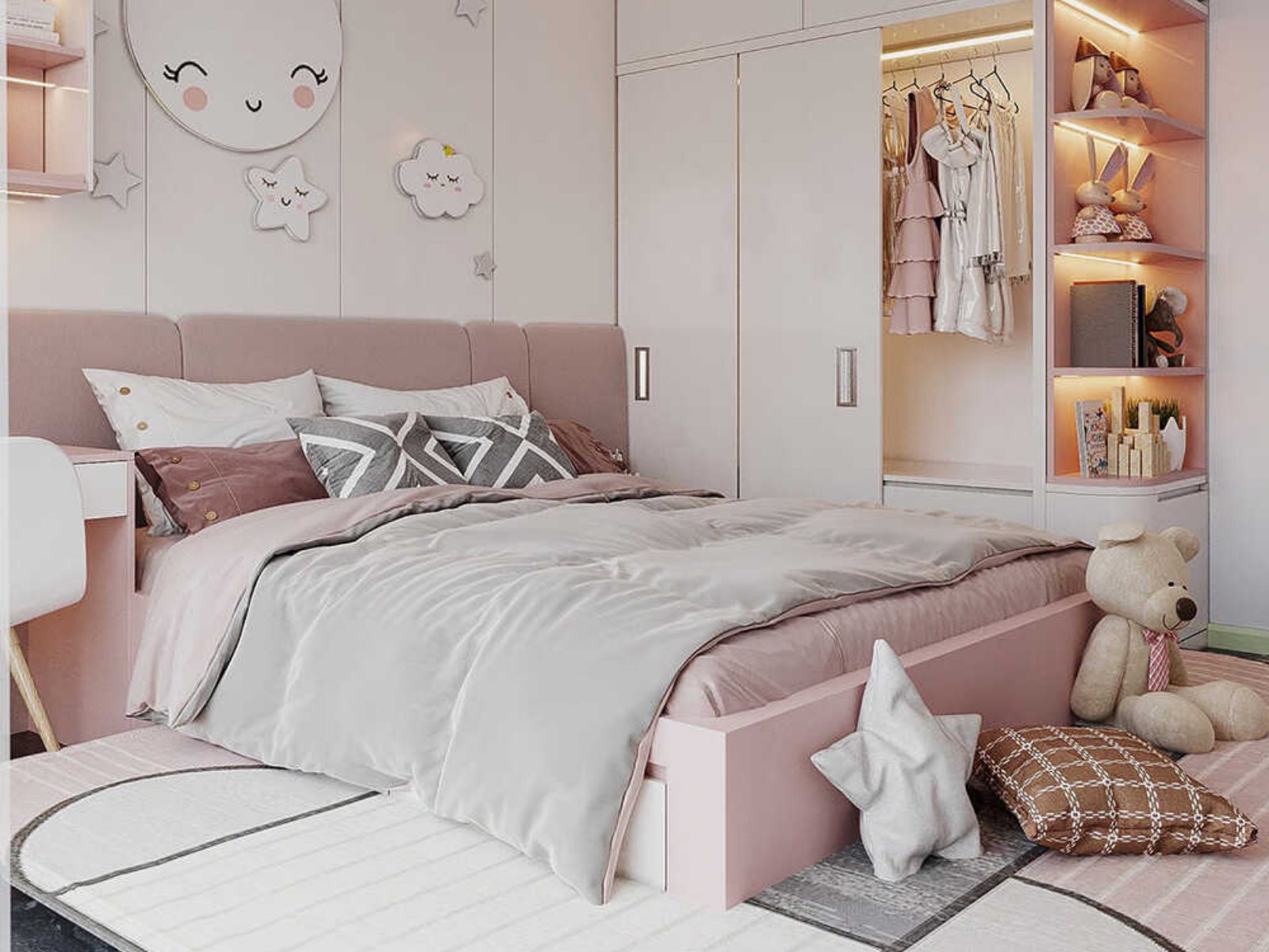 Thảm trải sản lớn kết màu trắng, hồng, xám cho phòng ngủ bé gái màu hồng