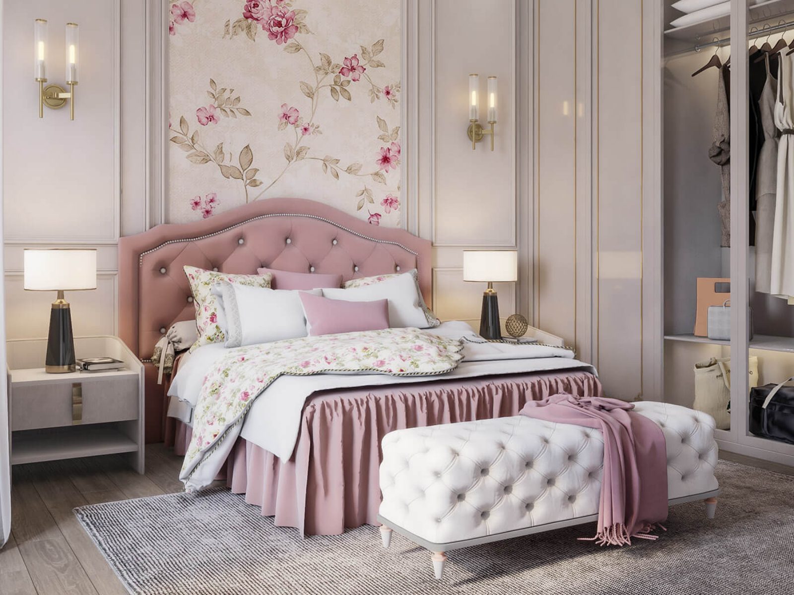 Phòng ngủ màu hồng phong cách tân cổ điển sang trọng