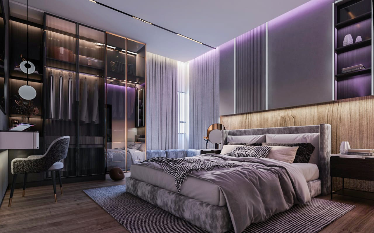 Thiết kế phòng ngủ màu tím hiện đại