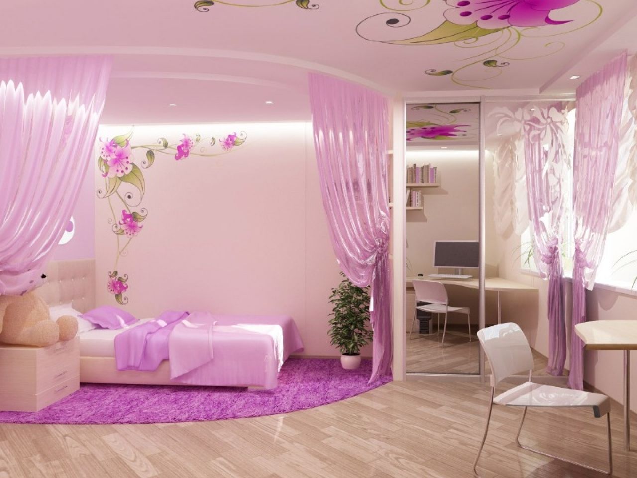 Thiết kế phòng ngủ màu tím pastel pha hồng lãng mạn