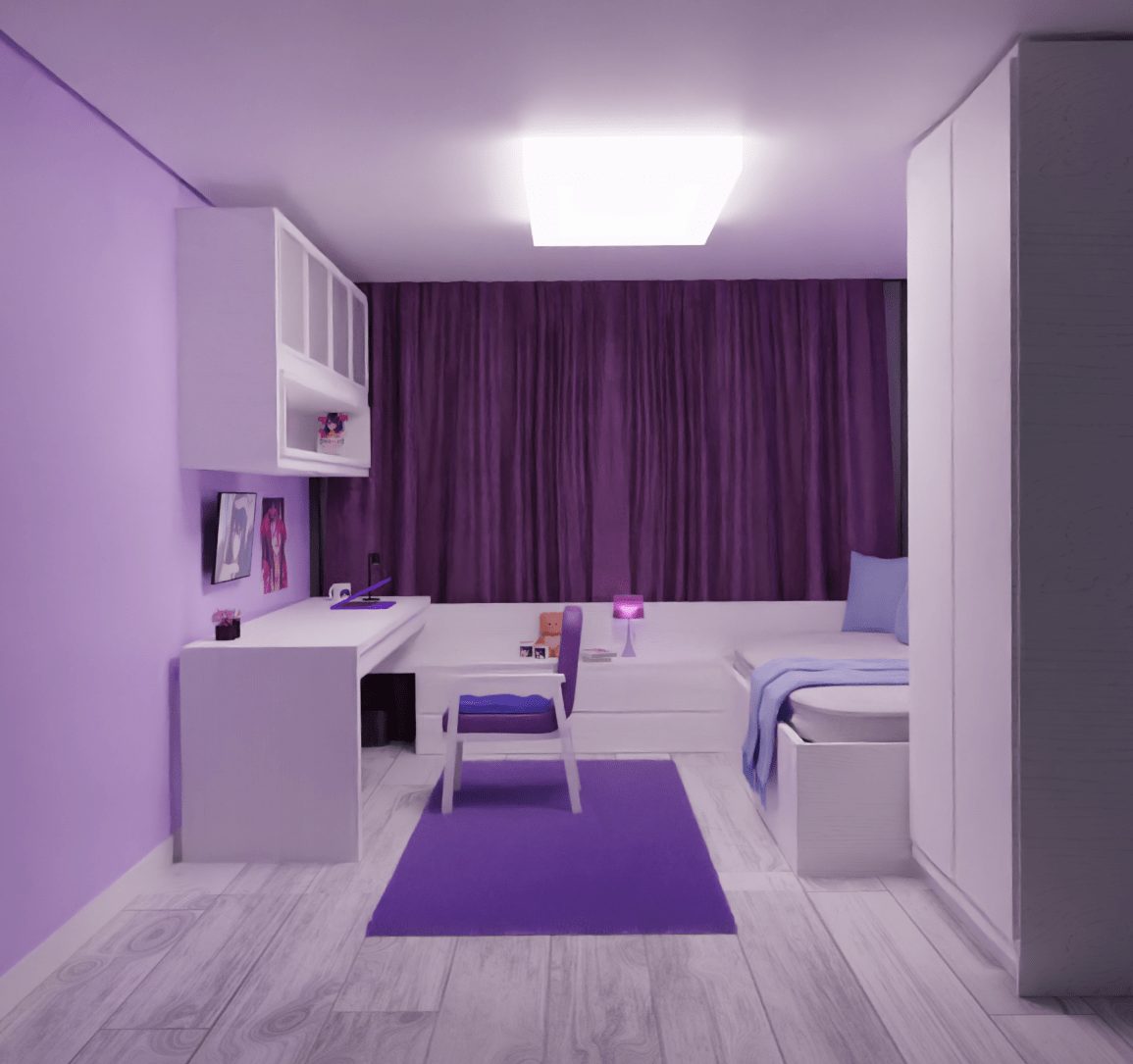 Phòng ngủ màu tím pastel mang phong cách đơn giản
