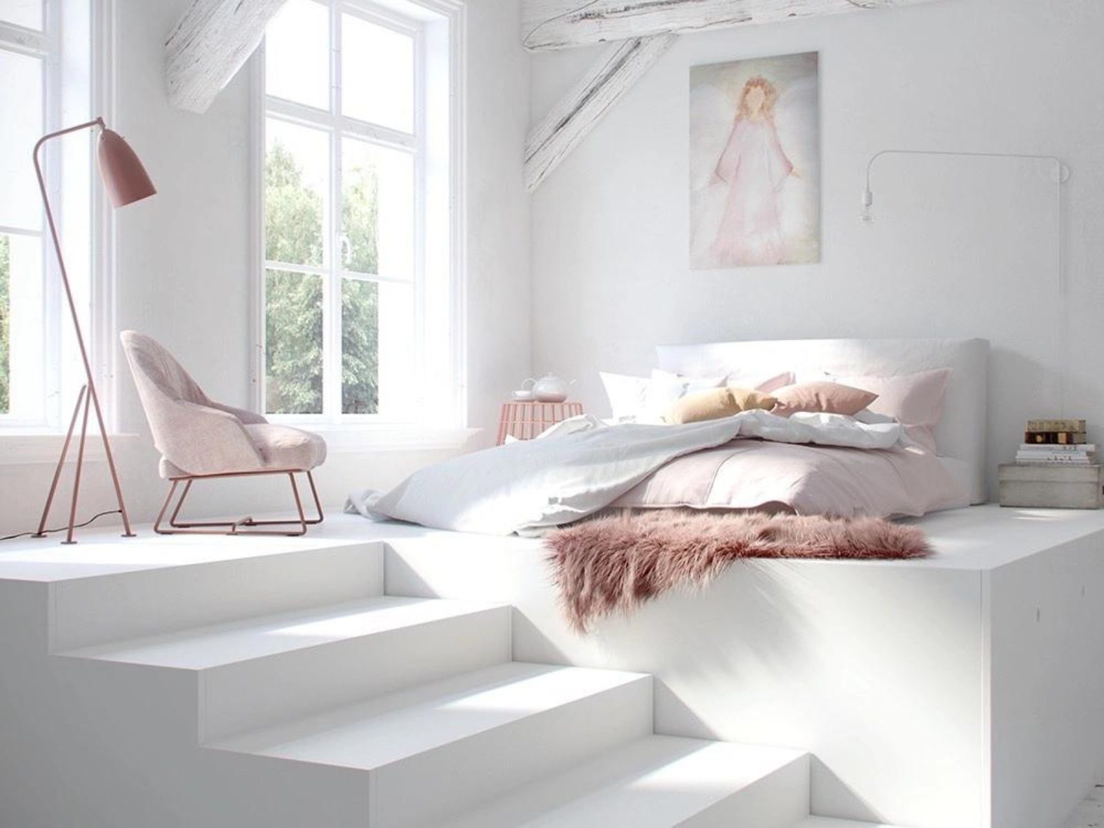 Phòng ngủ màu trắng hồng với thiết kế ấn tượng 