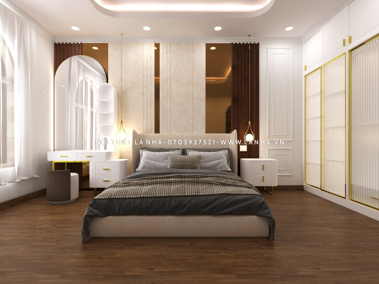 Thiết kế phòng ngủ màu trắng xám hiện đại