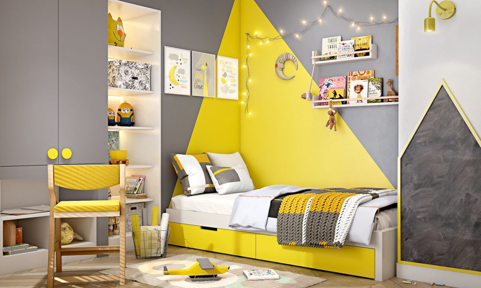 Kết hợp màu vàng và màu xám tạo nên một không gian phòng ngủ độc đáo, sáng tạo