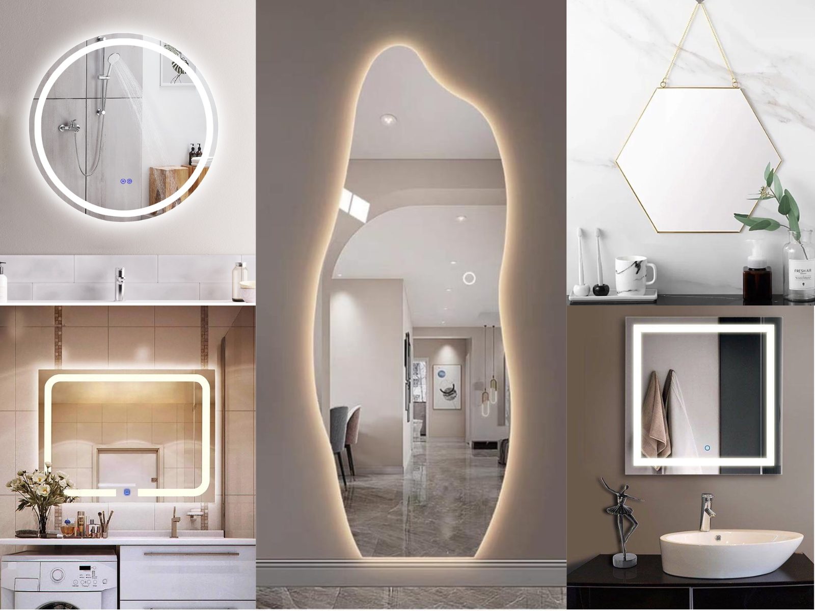 Mẫu gương hình tròn, vuông, chữ nhật, lục giác, sóng lượn cho phòng tắm