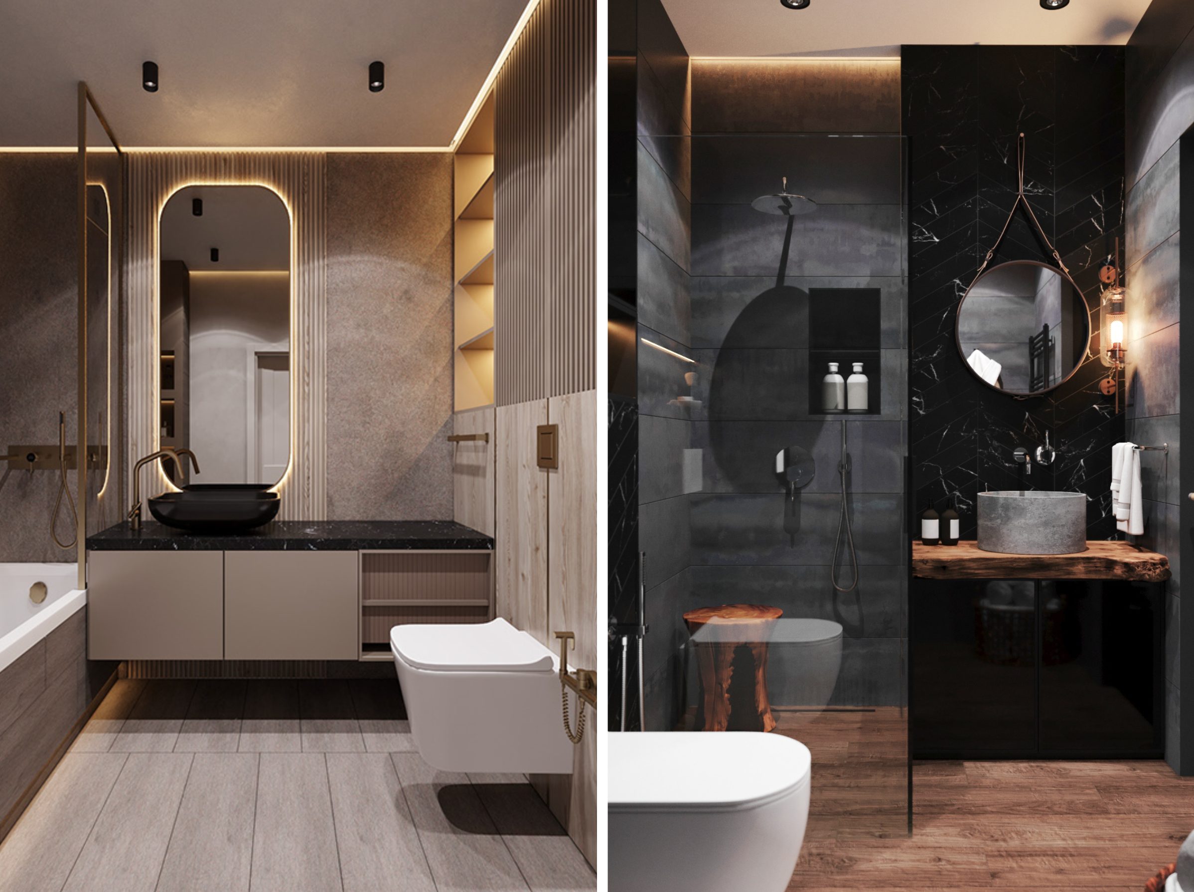 Phòng tắm hiện đại với tông màu trung tính, gạch giả gỗ và phòng tắm tường ốp đá sang trọng