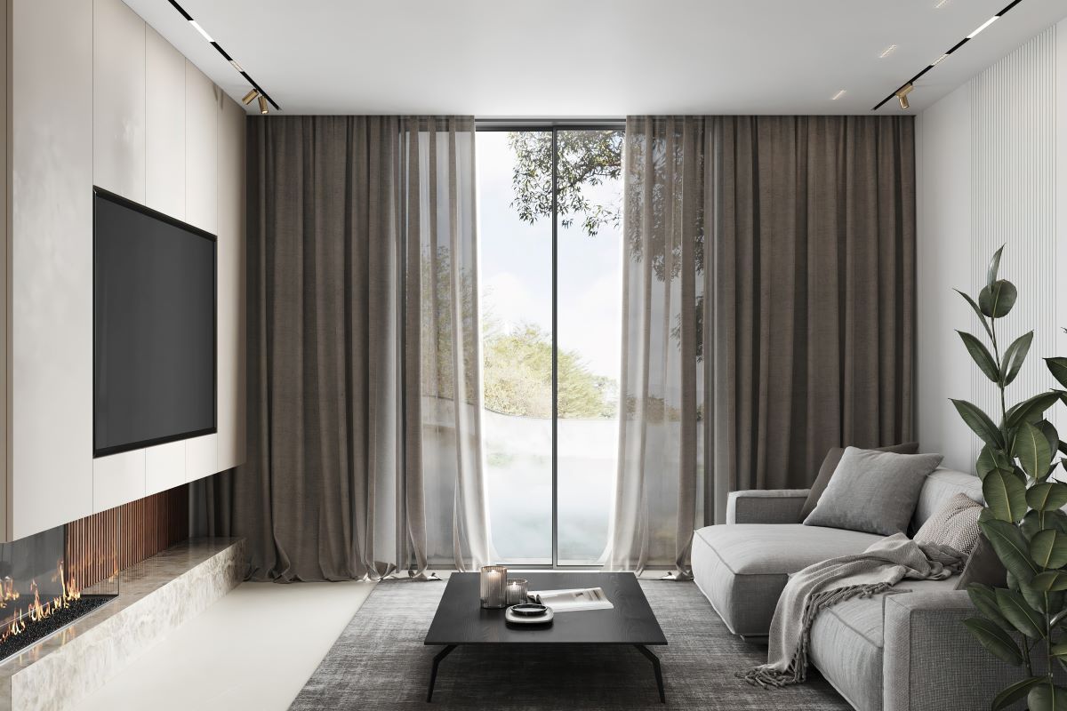 Rèm cửa màu xám trung tính với thiết kế đơn giản tạo nên sự thanh lịch và tối giản trong không gian 