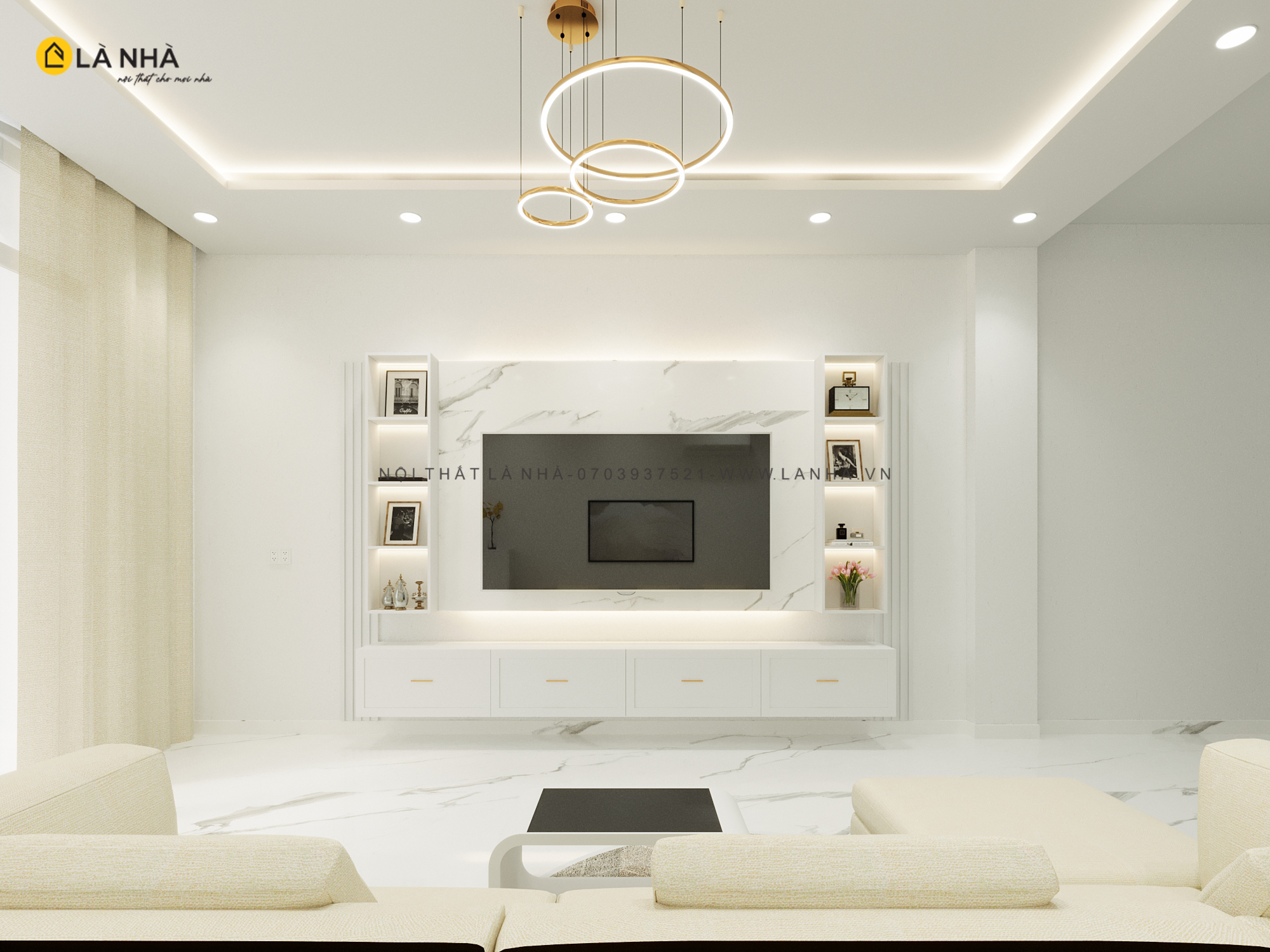 Màu trắng và các tông màu như xám, be, hoặc màu nâu nhạt giúp phản chiếu ánh sáng và tạo sự rộng rãi hơn cho phòng khách