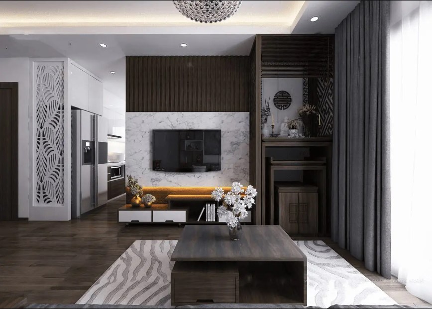 Chọn màu chủ đạo như xám, đen, trắng hoặc màu nâu sẽ tạo cảm giác trang nhã cho phòng khách chung cư