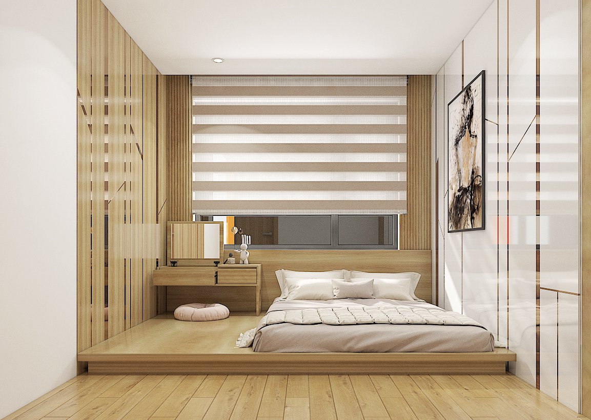 Ánh sáng tự nhiên từ cửa sổ lớn được tối ưu hóa với việc sử dụng rèm cửa mỏng, cho phép ánh sáng tự nhiên len vào và tạo không gian sáng sủa trong ban ngày