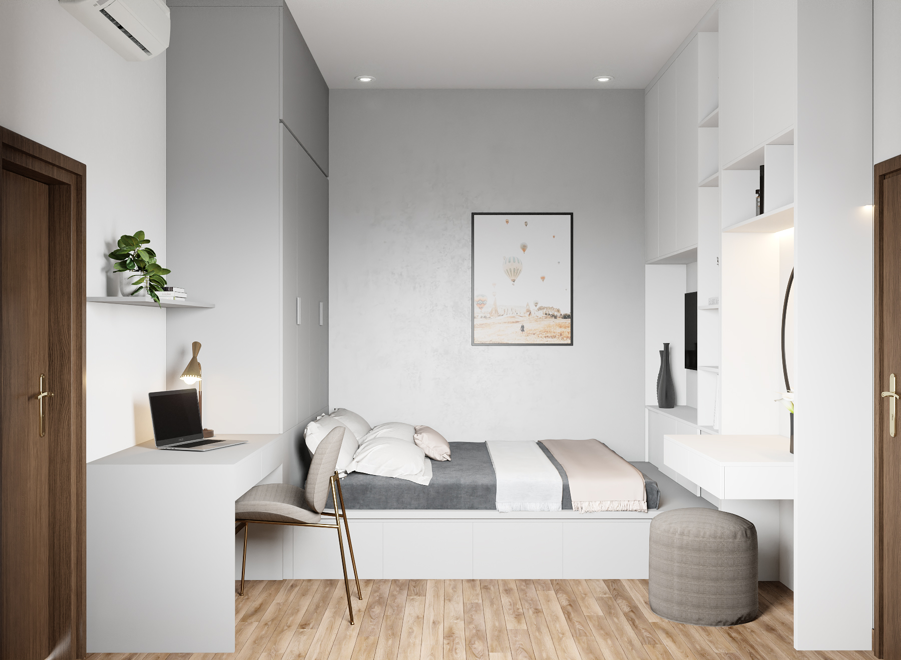 Các chi tiết trang trí như gương trang điểm, bàn làm việc nhỏ tạo không gian thoải mái làm việc và thư giãn