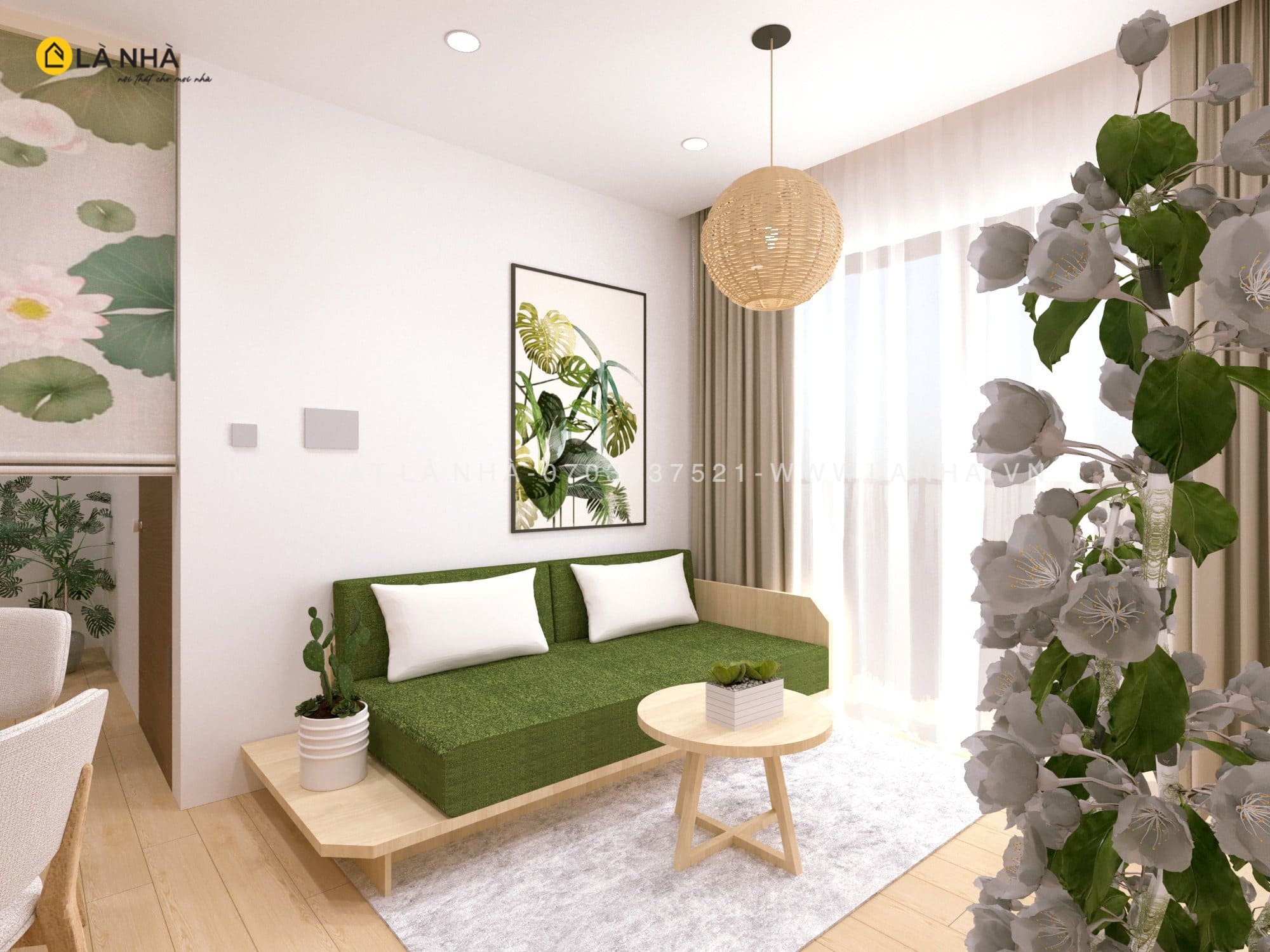 Phòng khách tận dụng tối đa nguồn ánh sáng tự nhiên theo đúng phong cách Japandi