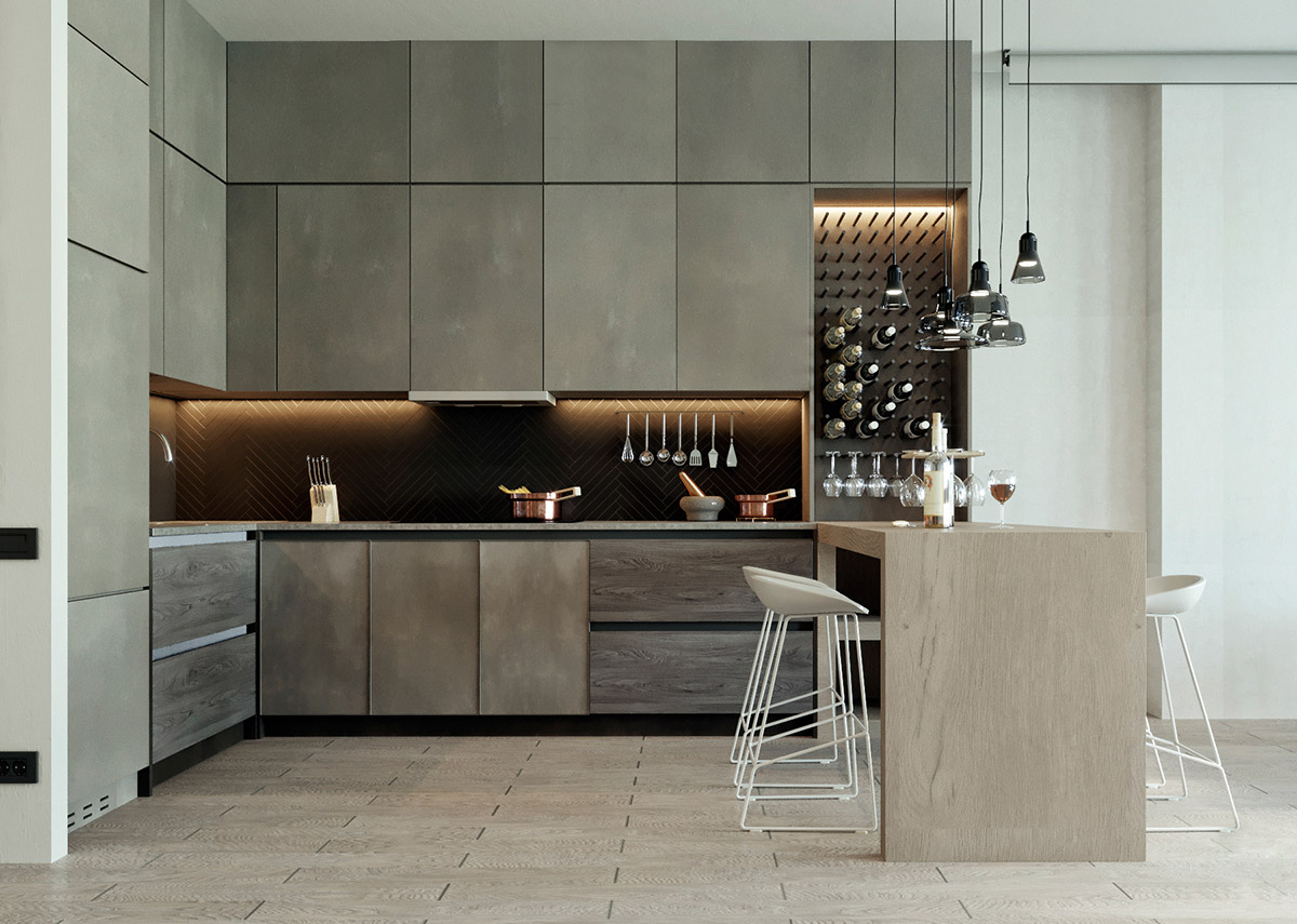 Tủ bếp chữ L kết hợp với các phụ kiện tủ góc thông minh và quầy bar tạo nên không gian bếp đẳng cấp (Nguồn: Sưu tầm)
