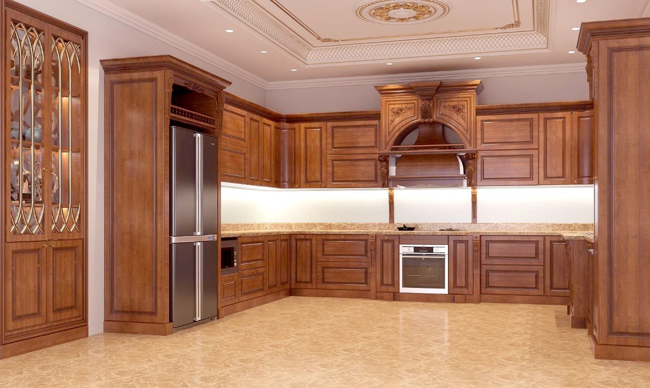 Tủ bếp phong cách tân cổ điển làm từ chất liệu gỗ gõ đỏ