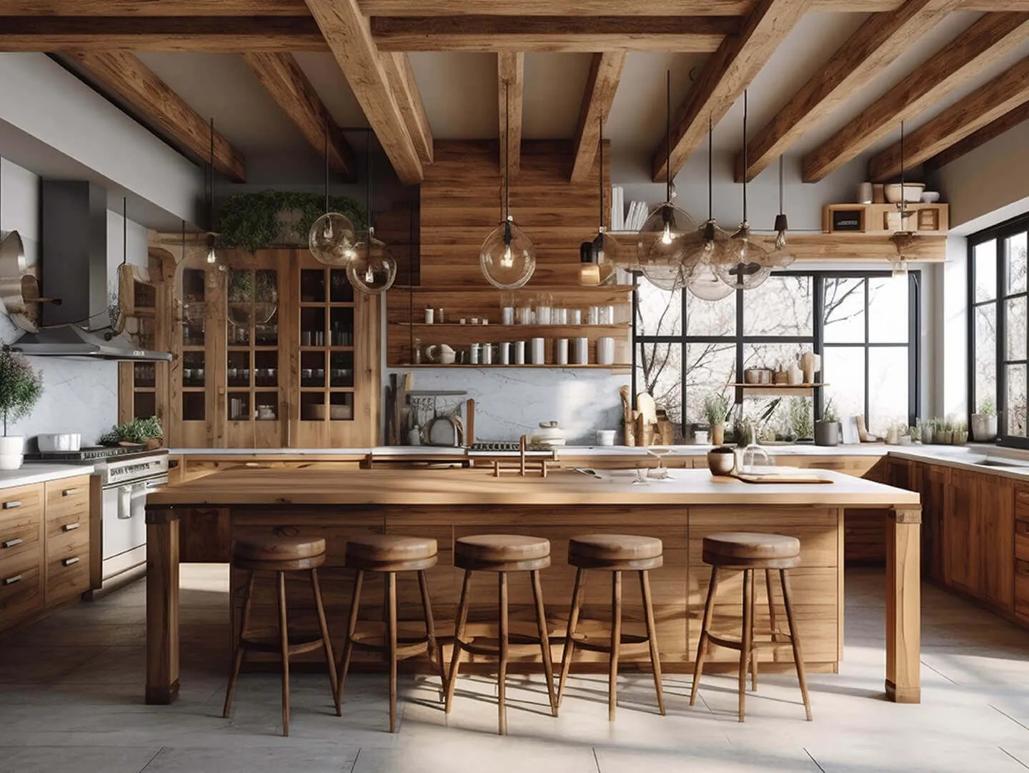 Căn bếp trông vô cùng ấm cúng với phong cách Rustic