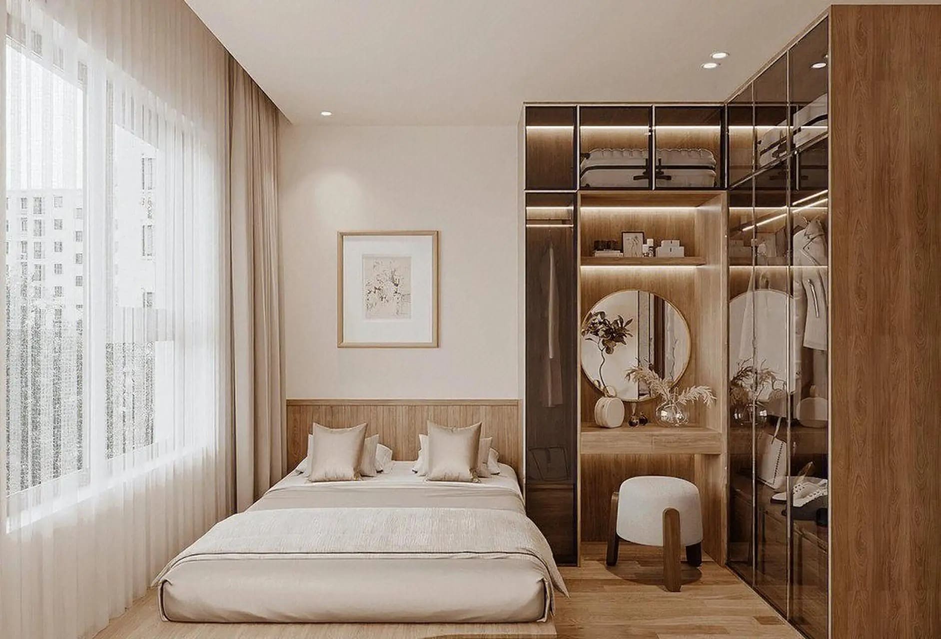 Tủ quần áo cánh kính kết hợp bàn trang điểm cao kịch trần bằng gỗ công nghiệp (Nguồn: Sưu tầm)